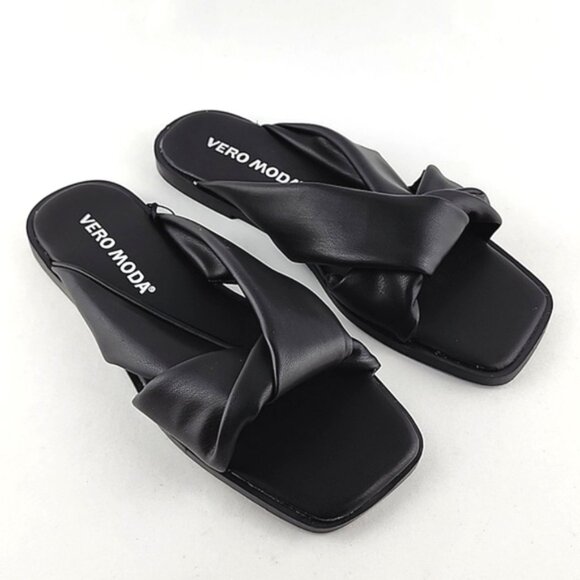 Vero Moda Black Twist Square Toe Slides Sandals Faux Leather Size 6 - Picture 4 of 11